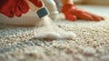 Red-gloved hands applying a burst of cleaning foam on a carpet. Professional cleaning detail showing active suds Royalty Free Stock Photo