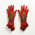 Baroque-inspired Red Leather Gloves With Gold Details