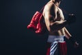 Red gloves hanging on the boxer`s back. Royalty Free Stock Photo