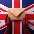 Red gloves holding a brown envelope against a British flag background in a creative composition Royalty Free Stock Photo