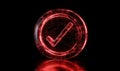 Red glowing check mark symbol, digital design, futuristic style, neon light effect, dark background, 3D rendering