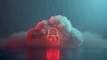 Red glowing cloud with white lock icon cloud security services, computing network digital storage