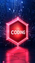 Red glowing coding text on an abstract digital circuit board background representing programming technology Royalty Free Stock Photo