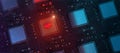 Red glowing compiter bug on infected chip in cyberspace 3d redner. spyware, malware, virus trojan, keylogger, hacker