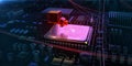 Red glowing compiter bug on infected chip in cyberspace 3d redner. spyware, malware, virus trojan, keylogger, hacker