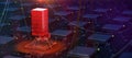 Red glowing compiter bug on infected chip in cyberspace 3d redner. spyware, malware, virus trojan, keylogger, hacker