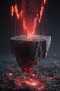 Red glowing data visualization on a floating rock amidst fiery surroundings Royalty Free Stock Photo
