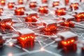 Red glowing electronic circuit nodes connected by intricate pathways visualizing advanced digital communication and signal proc