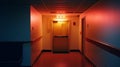 A Red Glowing Exit Label Above a Closed Door. Way Out at the End of a Dark Room or Long Empty Corridor .- New Possibilities, Hope