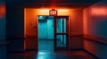 A Red Glowing Exit Label Above an Open Door. Way Out at the End of a Dark Room or Long Empty Corridor - New Possibilities, Hope