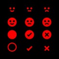 Red glowing icon and emotions face, emotional symbol and approval check sign, fluorescent emotions faces and checkmark x or Royalty Free Stock Photo