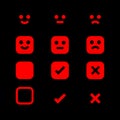 Red glowing icon and emotions face, emotional symbol and approval check sign, fluorescent emotions faces and checkmark x or Royalty Free Stock Photo