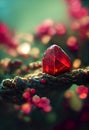 Red glowing magical ruby. Fairy ruby stone. Precious sparkling red stone. 3D Digital illustration. AI-generated