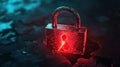 Red glowing padlock illuminated against a dark, textured background in a digital or abstract environment Royalty Free Stock Photo