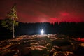 Red glowing sky at night with stars milky way and shooting star at big Arbersee in bavarian forest, Germany Royalty Free Stock Photo