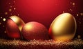 a red and gold background with three shiny eggs and a red background. ..