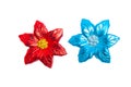 Red gold blue sparkling fake flowers decorate isolated on white