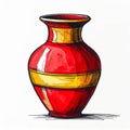 Red and Gold Ceramic Vase with White Background in Watercolor Style Royalty Free Stock Photo