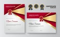 Red and gold certificate of achievement border template with luxury badge and modern line pattern. For award, business, Royalty Free Stock Photo