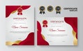 Red and gold certificate of achievement border template with luxury badge and modern line pattern. For award, business, Royalty Free Stock Photo