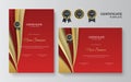 Red and gold certificate of achievement template with gold badge and border frame design Royalty Free Stock Photo