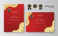 Red and gold certificate of achievement template with gold badge and border frame design Royalty Free Stock Photo