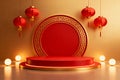 Red and gold chinese lantern display with ornate platform and lighting Royalty Free Stock Photo