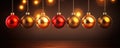 Red and gold Christmas balls on dark background with golden lights. Royalty Free Stock Photo