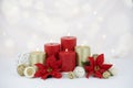 Red and gold burning Christmas candles background with poinsettia flowers Royalty Free Stock Photo