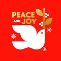 Red and gold Christmas card with white dove holding holly branch and wishes of peace and joy