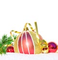 Red, gold christmas decorations and bunch of green fir on show Royalty Free Stock Photo