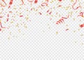 Red and gold confetti, serpentine or ribbons falling on white tr Royalty Free Stock Photo