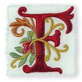 A red and gold embroidered letter f on a white background
