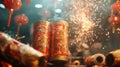 Red And Gold Firecrackers Exploding With Sparklers During Night Festival Royalty Free Stock Photo