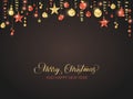 Christmas garland. Red and gold glitter bauble ornaments on black. Merry Christmas calligraphy Royalty Free Stock Photo