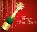 Red and gold Happy New Year 2024 Greeting card. Champaign bottle. Festive background. Vector illustration.