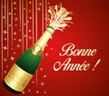 Red and gold Happy New Year 2024 Greeting card. French language. Champaign bottle. Festive background. Vector illustration.