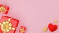 Red and gold heart and Close red gift box with gold ribbon. Valentine`s day concept. 3D Rendering illustration