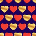 Red and gold hearts on a dark blue background. Seamless pattern Royalty Free Stock Photo