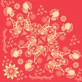 Red And Gold Khokhloma Ornamental Quarter Of Shawl. Russian, Indian Motives. Beautiful Vector Illustration With Abstract Flowers