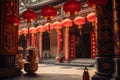 Red and gold lantern strung up outside the entrance of an temple. Capture the vibrant colors and symbols of luck and fortune that