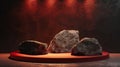 A red and gold of a nature marble platform surrounded by rocks with dramatic lighting. Royalty Free Stock Photo