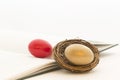 Red and gold nest eggs on ledger reflect high risk financial environment Royalty Free Stock Photo
