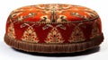 Red And Gold Ottoman With Beige Embroidered Fringe - High Resolution