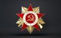 Red and gold stars with hammer and sickle. Star like a Soviet soldier.