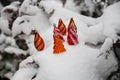 Red and gold toys on a snowy Christmas tree Royalty Free Stock Photo