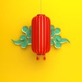 Red and gold traditional Chinese lanterns lampion and blue paper cut cloud on yellow background. Royalty Free Stock Photo