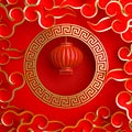 Red and gold traditional Chinese lanterns lampion, round border frame greek key and paper cut cloud.