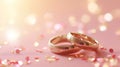 Red gold wedding rings on soft pink bokeh background, copy space, love and romance symbol Royalty Free Stock Photo