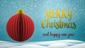 Red and gold xmas tree ball decoration Merry Christmas and Happy New Year greeting message in english on blue background Royalty Free Stock Photo